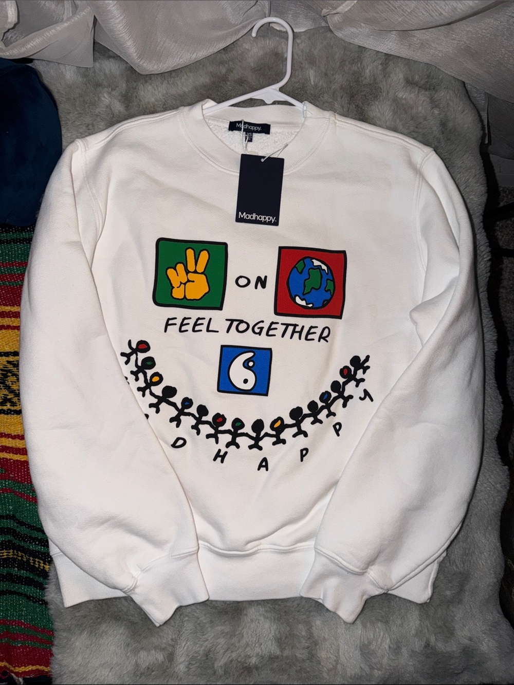 New Madhappy White Crewneck with Feel Together Multicolor Graphic Icons Sz Small
